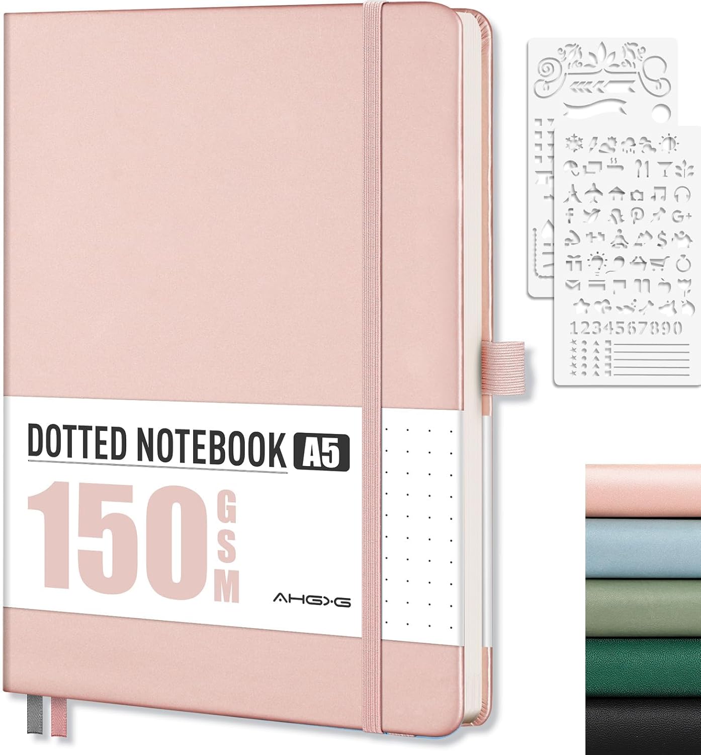 AHGXG Bullet Dotted Journal - 150 GSM Dot Grid Notebook Journal, Thick Acid-Free Paper, A5 Dotted Notebook 128 Pages, Leather Hardcover, Inner Pocket, Journal Stencil, 5.7'' × 8.3'' - Rose Gold