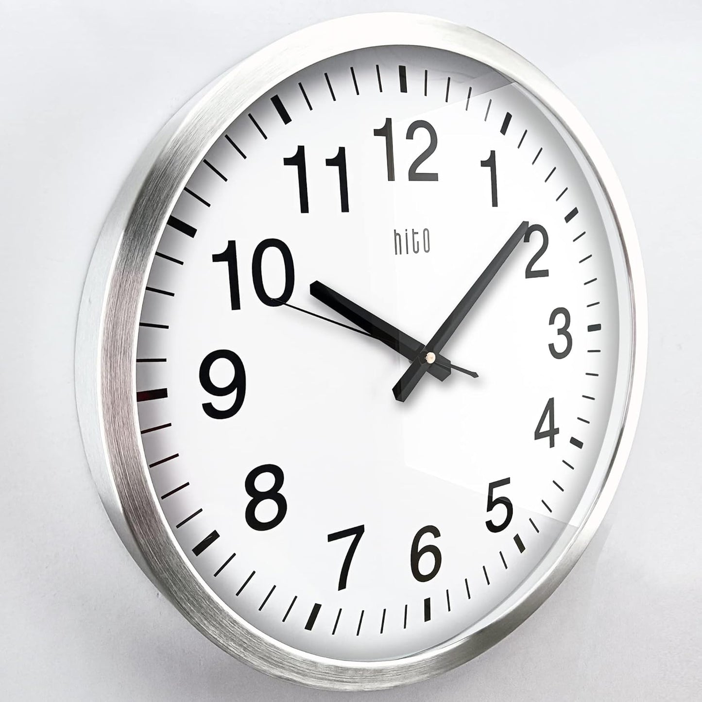 HITO 16" Silent Wall Clock Battery Operated Non Ticking Sweep Movement Glass Cover Silver Aluminum Frame, for Kitchen, Bedroom, Home Office, Living Room Decor