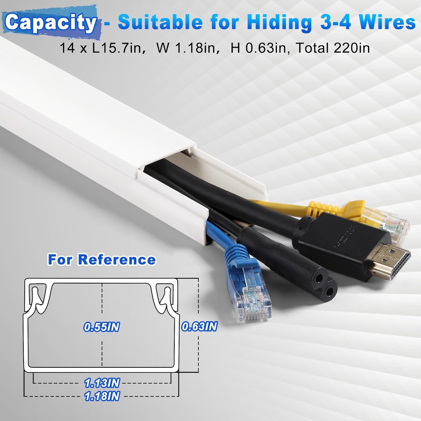 220in Wall Cord Hider Kit, LZEOY Large Capacity Wire Hider for Cords, White Cable Cover Wall Kit, Paintable Hide TV Cords for Wall Mount TV, Cable Concealer Cable Channel: 14 x L15.7in W1.18 H0.63in