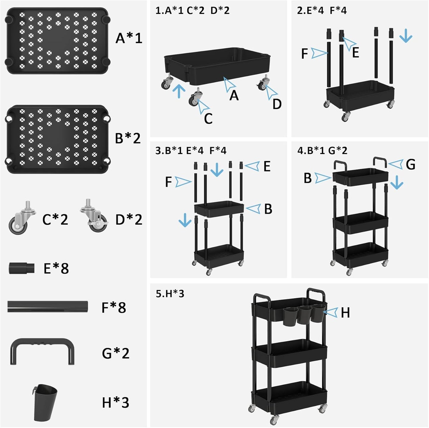 UDEAR 3-Tier Rolling Utility Cart,Multifunctional Storage Shelves with Handle and Lockable Wheels for Room,Office,Kitchen,Bathroom,with 3 Hanging Cups,White