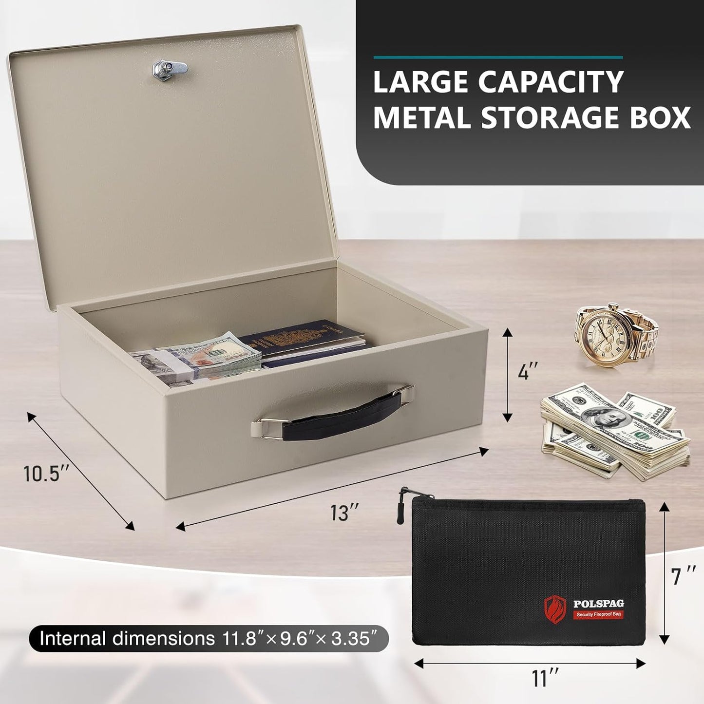 Fireproof Document Box with Key Lock & Fireproof Money Bag,Safe Storage Boxfor Valuables,Key Lock Security with Carrying Handle,Fireproof Box for Documents,Passport Extra Large (White, Large)