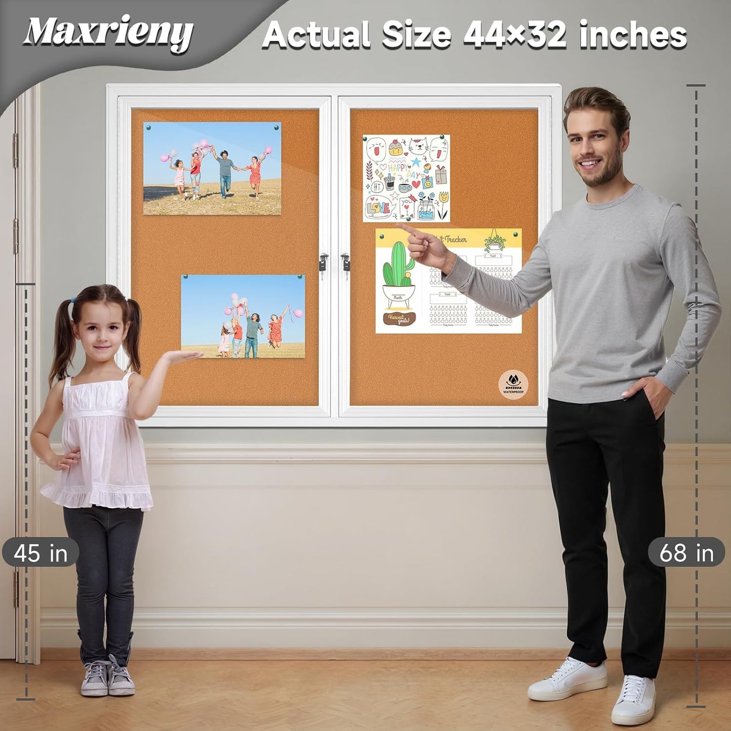 Lockable Outdoor Enclosed Bulletin Board, Weatherproof Cork Noticeboard with Locking Door, Wall-Mounted Aluminum Framed Display Case for Messages,36x24in (5xA4) (Silver Frame & Cork, 44x32 in)