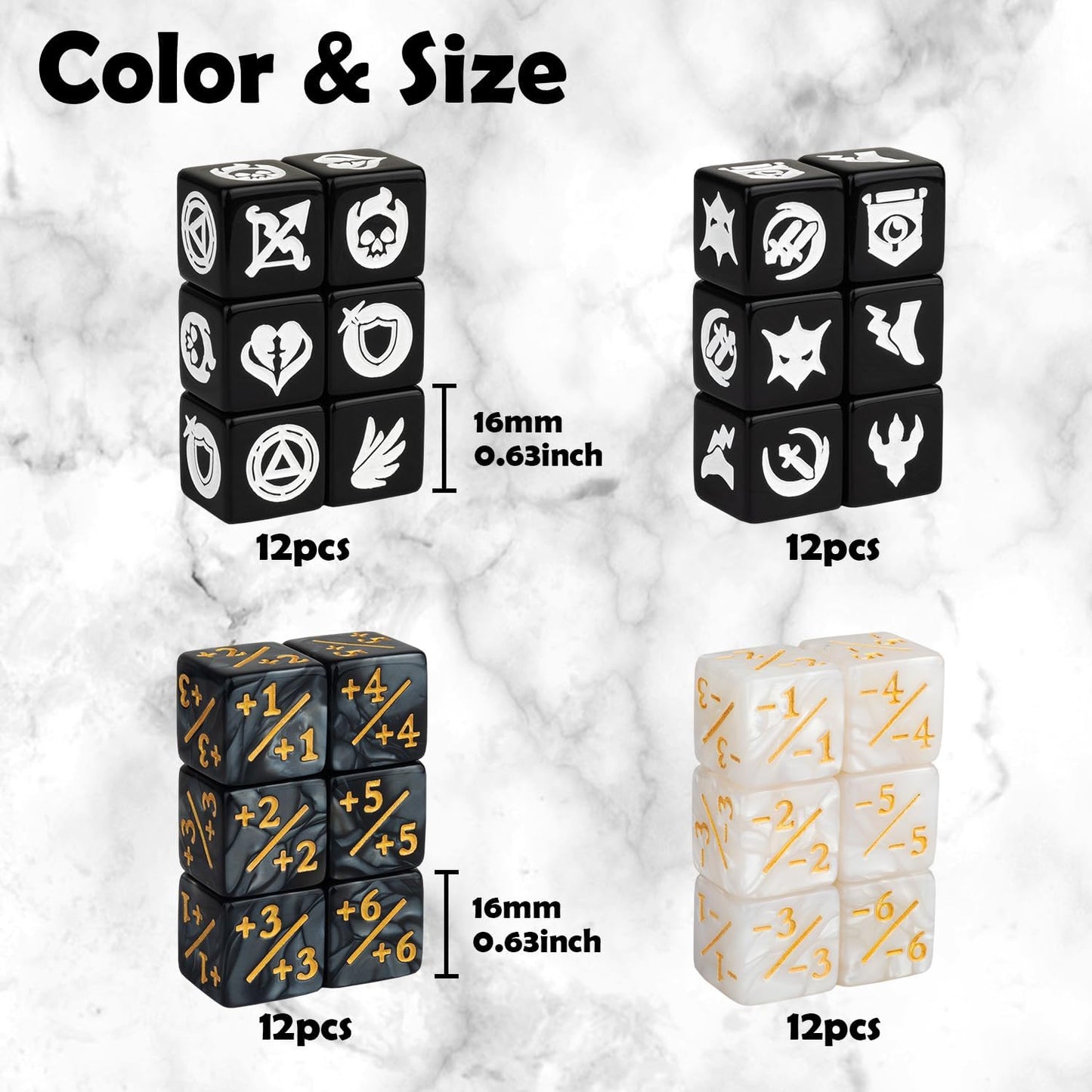 48 Pieces MTG Dice Counters Icon Abilities Keywords Counter Plus 1 Life Buff Tokens Dice Set for TCG Magic Cards Game Accessories, Black