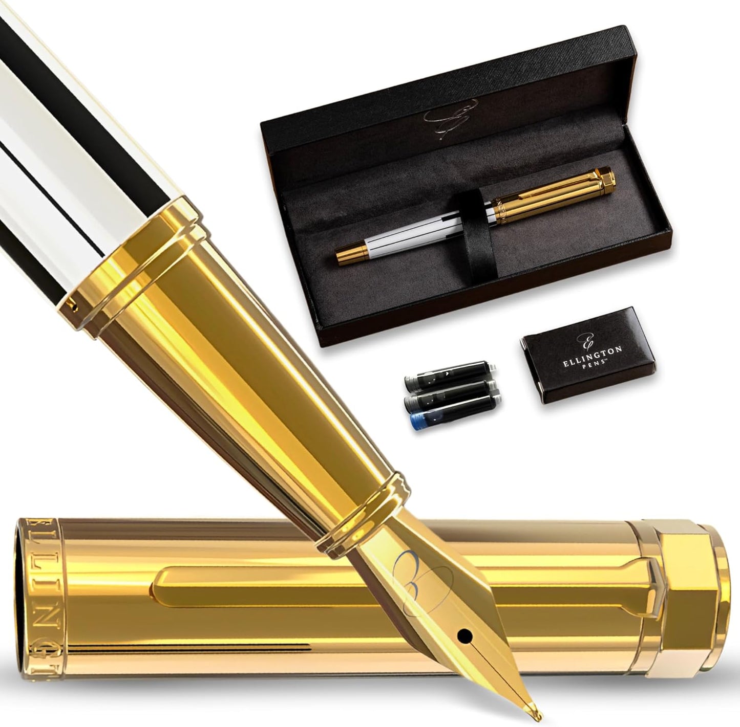 Luxury Fountain Pen Set- Fountain Pens for Writing - Smooth Medium Nib - Includes Refillable Ink Converter, 3 Ink Cartridges [Black & Blue], Gift Box - Elegant Calligraphy