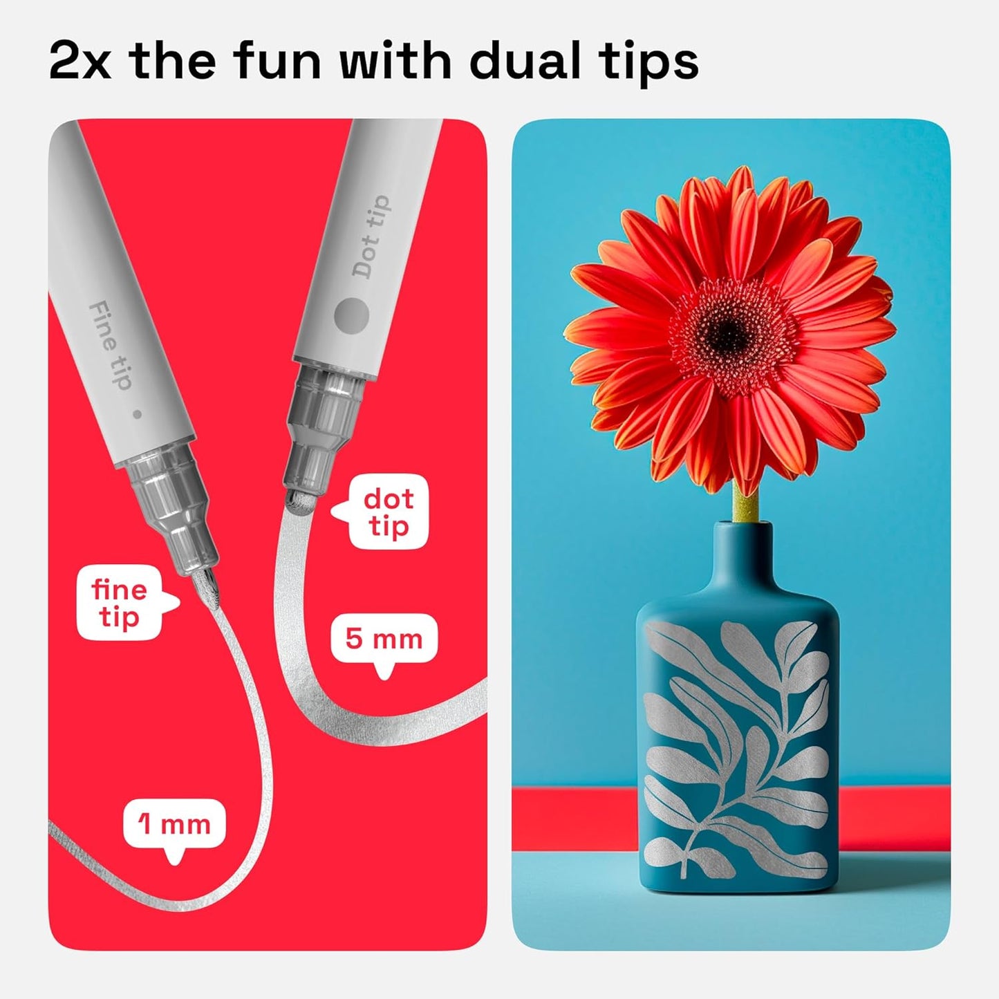 ARTISTRO 2 Silver Dual-Tip Acrylic Paint Pens - Multisurface Markers for Fabric, Plastic, & More, 5mm Dot + 1mm Fine Tips