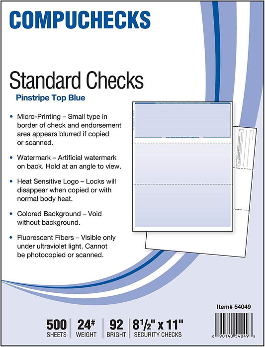 Business Voucher Check Stock - 500 Sheets, Check on Top, Blue Pinstripe