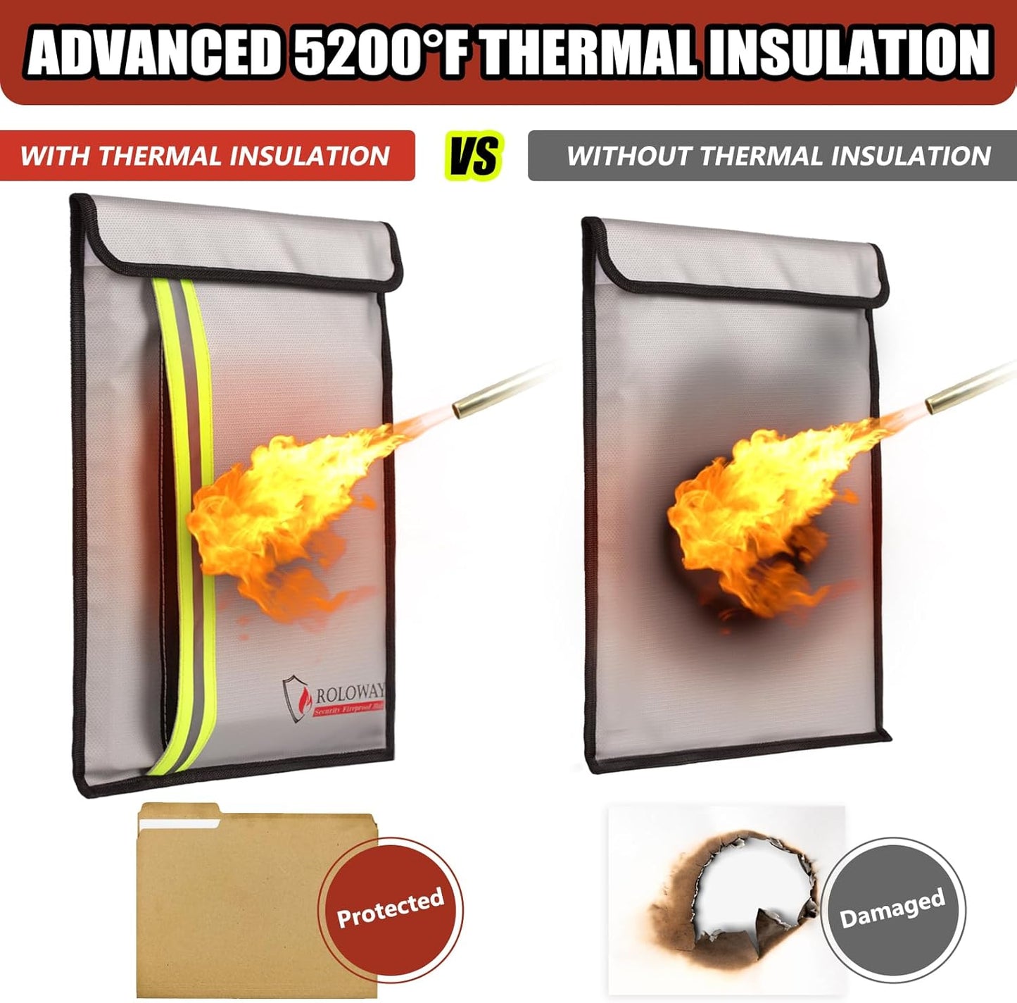 ROLOWAY Fireproof Document Bag (15.5 x 11.5 inch) with 2 Pockets and 5200℉ Aluminum Foil Layer, Fireproof Bag for Document Safe (Silver)