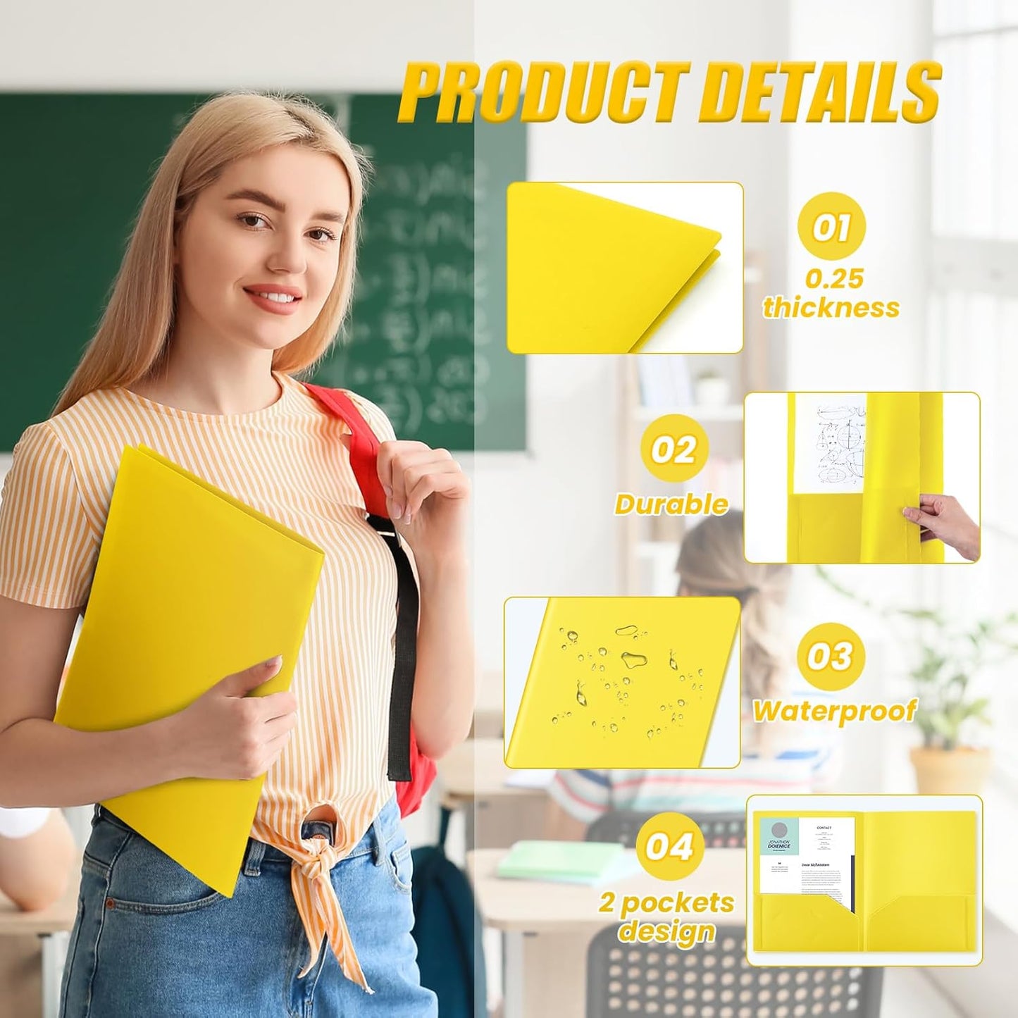 Gueevin 50 Pcs Plastic Folders with Pockets, Back to School Two Pocket Folder Fit Letter Size, Heavy Duty School Business Card Holder for Home Office, 11. 61 x 9. 45 Inches (Yellow)