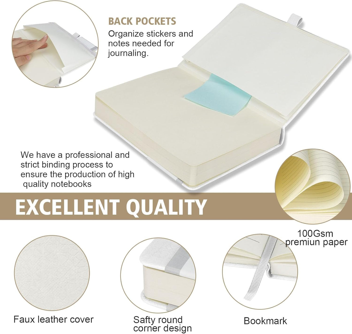 Lined Journal Notebook, 360 Numbered Pages(With page number), Thick Journal for Writing A5 College Ruled Notebook, 100gsm Lined Paper, Leather Hardcover, 5.75'' X 8.38''-1 Pack, White