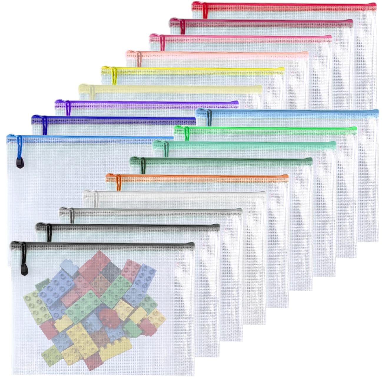 Oaimyy-11 x 14"-18 Pcs-Plastic Mesh Zipper Pouch Document Folders Bag Zip File Bags for Office Supplies,Home,Travel Storages,Puzzle Board Games Storage- (Multicolor)