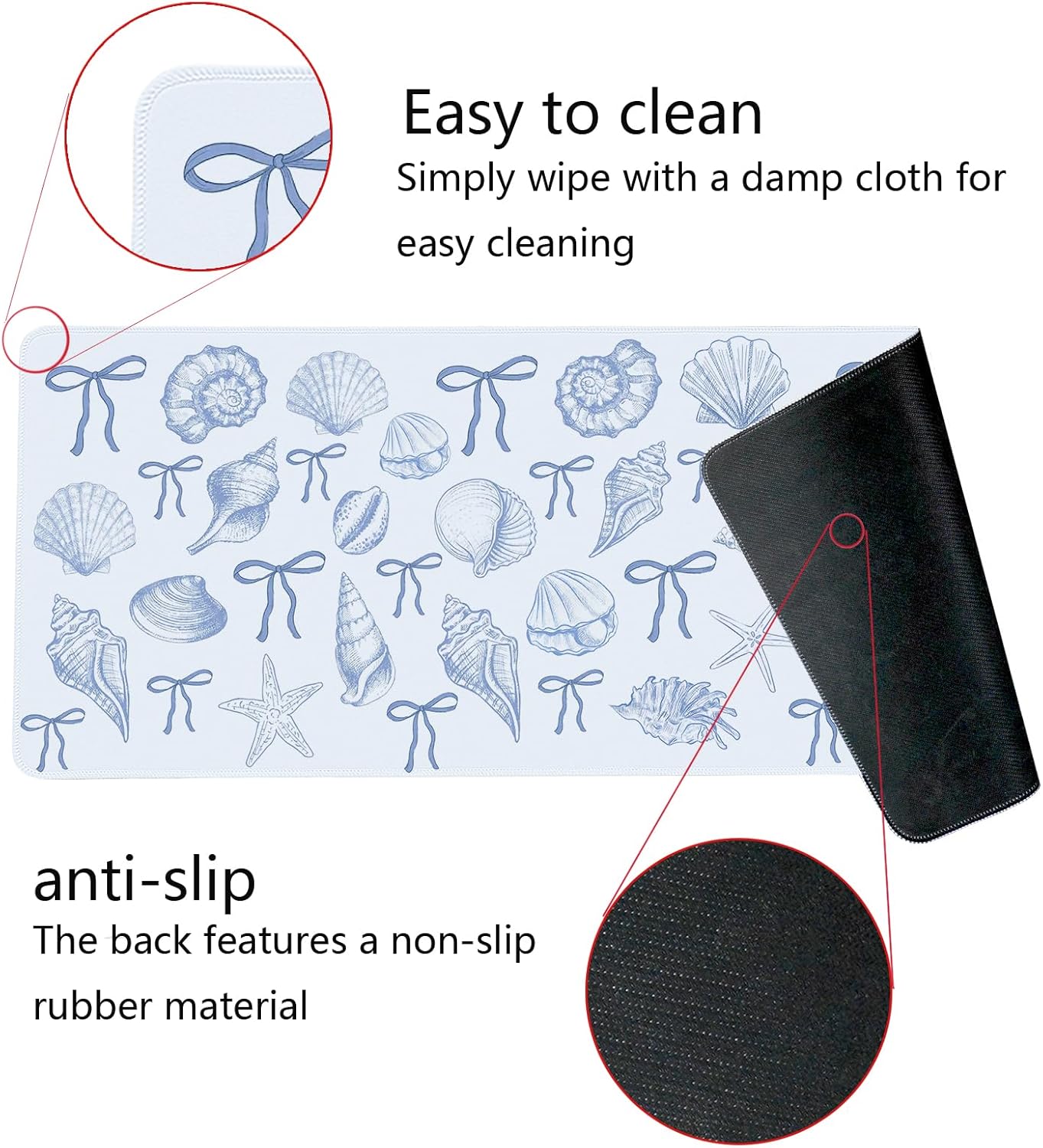 Blue and White Seashell Bow Mouse Pad,Coastal Beach Mouse Pad,XL Large Ocean Beach Seashell Desk Mat,Girly Vintage Summer Beachy Gaming Pads,Girly Summer Desktop Decor Art,31.5x11.8In