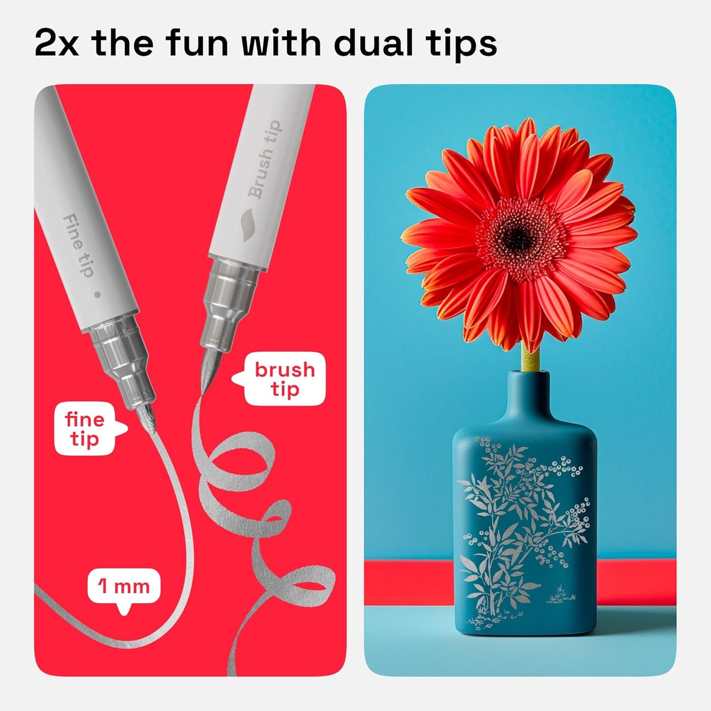 ARTISTRO 2 Silver Dual-Tip Acrylic Paint Pens - Multisurface Markers for Fabric, Plastic, & More, 1 mm Fine & Brush Tips