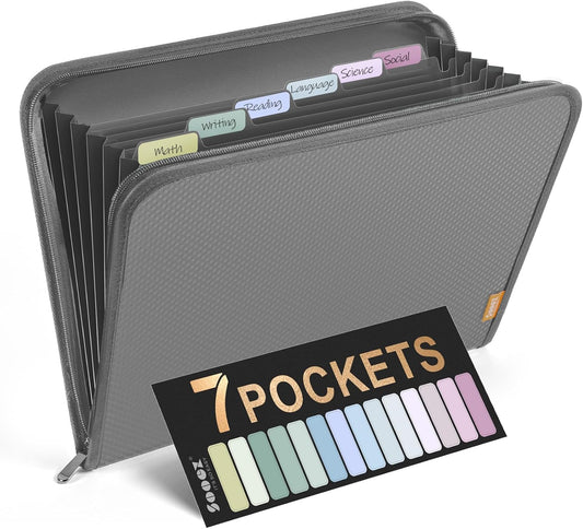 Sooez Accordion File Organizer with Safe Zipper, 7 Pockets Expanding File Folder, Heavy Duty Folder Organizer, Sleek Letter Size Accordion Folder, Portable Expandable File Folder for Documents, Grey