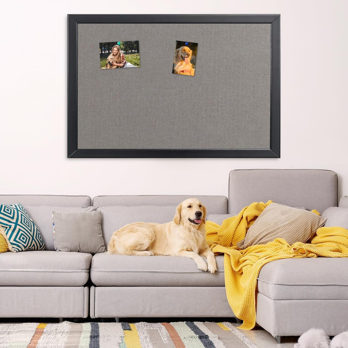 Bulletin Board 46x30 Inch, Large Cork Board with Grey Fabric and Pine Wood Frame, Cork Boards for Walls, Wall Mounted Fabric Notice Board for Home Office School, Vision Board and Message Organizer