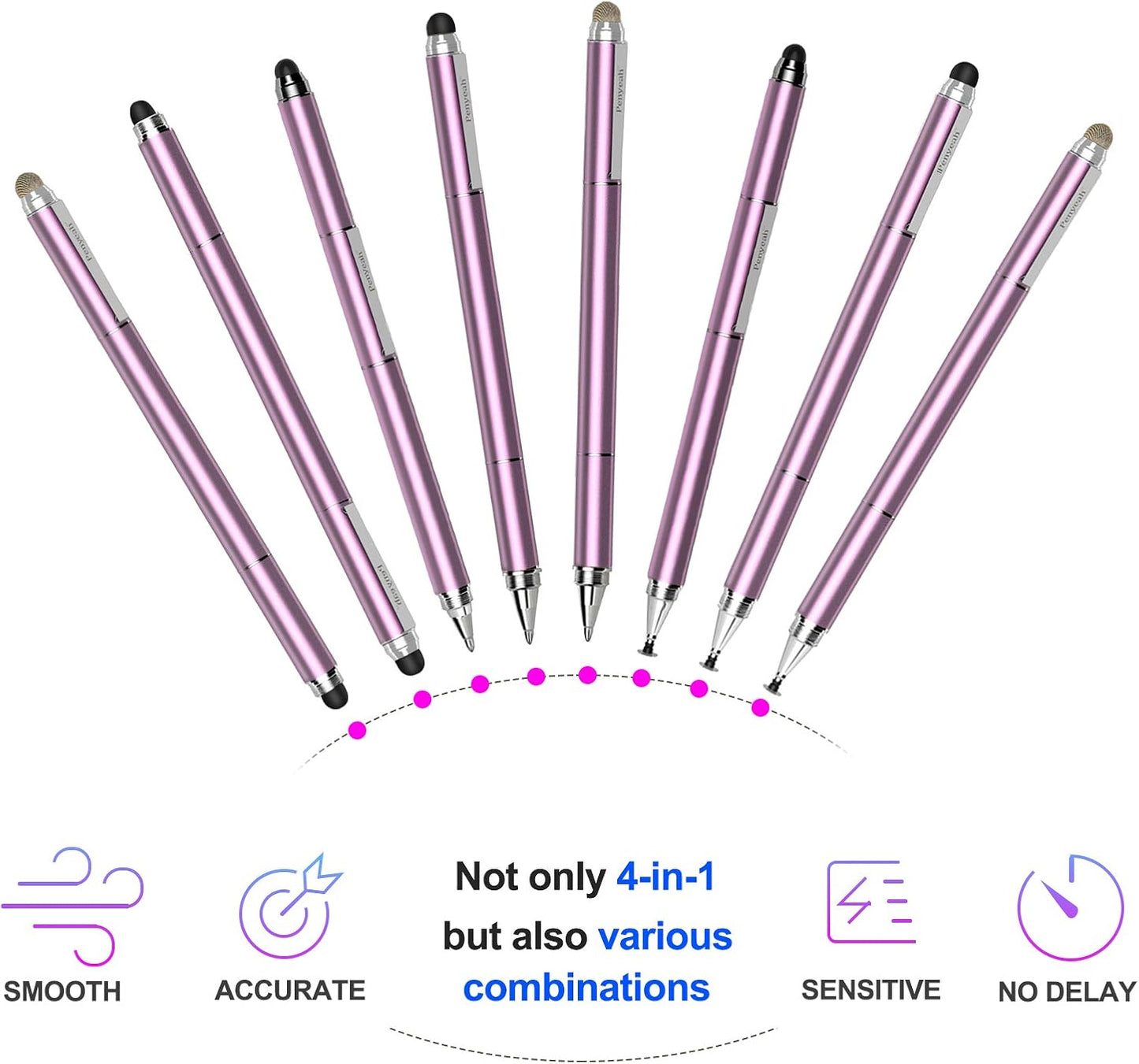 Penyeah 4-in-1 Stylus Pen for Touchscreens, Accurate & Versatile Capacitive Stylus Pen for iPhone,iPad,Android Phones,Tablets- Disc+Rubbe+Mesh Tips Universal for All Touch Screen Devices - Pinky Gold