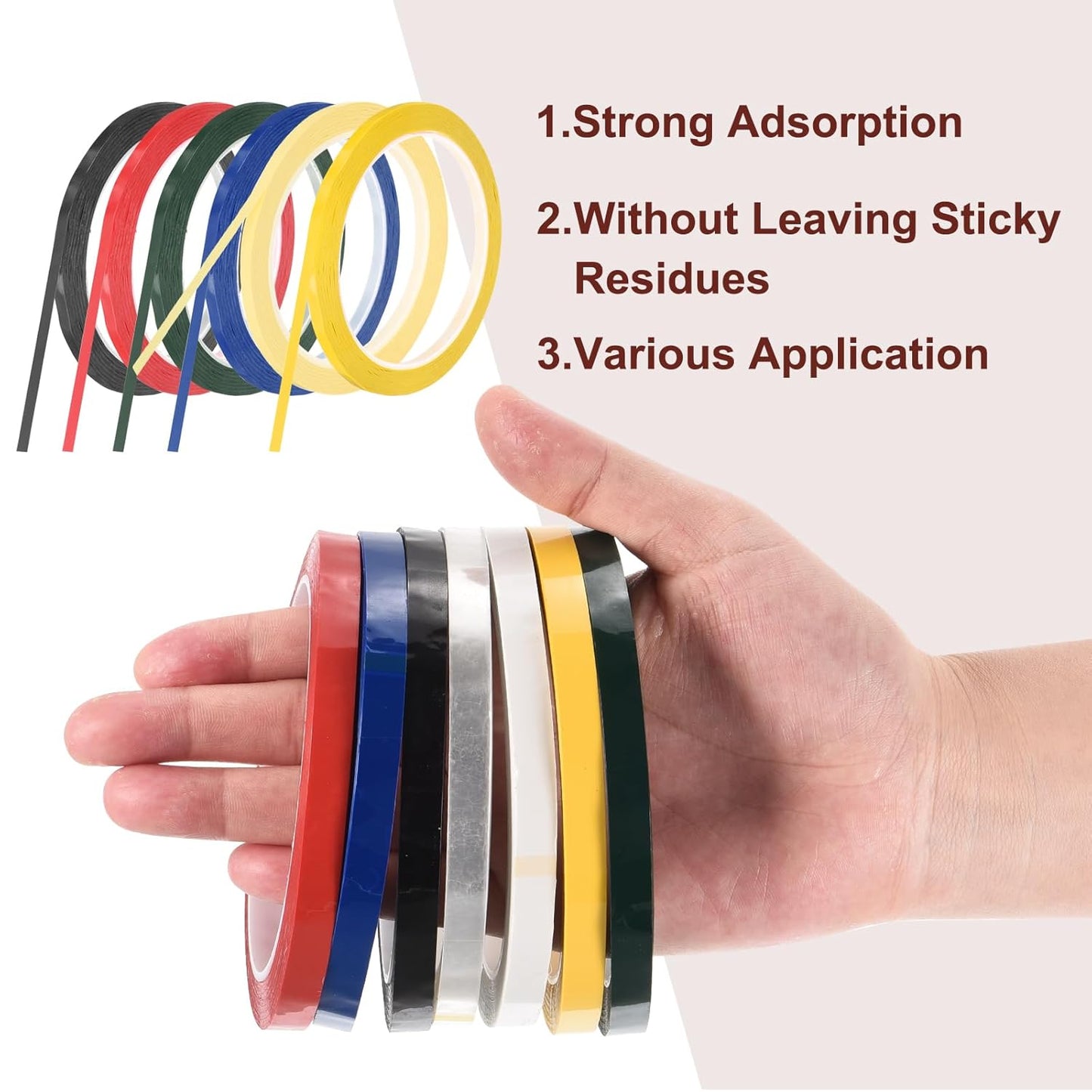 MECCANIXITY 6 Rolls Whiteboard Tape Graphic Chart Tape 5mm 54.7 Yard Art Tape Thin Pinstripe Tape Masking Tape for Gift Wrapping Craft Supplies, Red, Green, Blue, Yellow, Black, Light Yellow