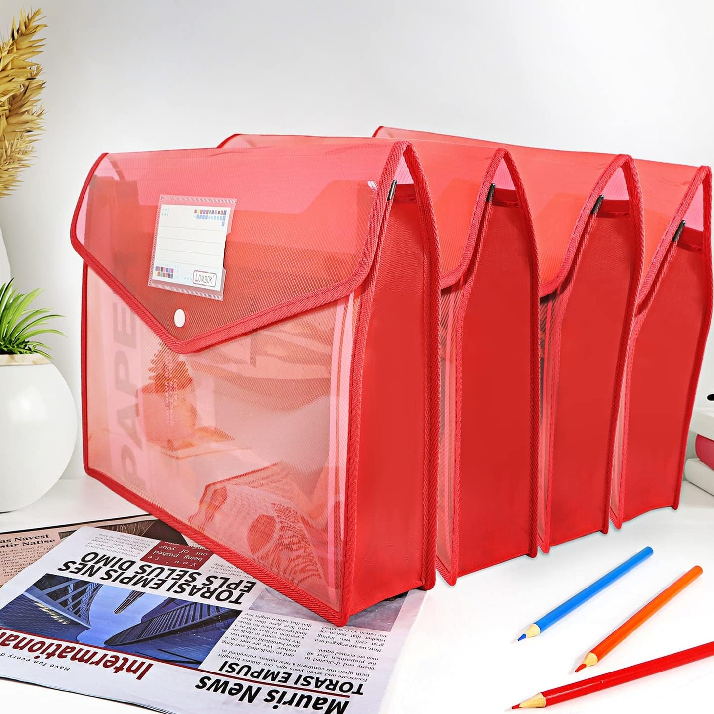 YoeeJob Plastic File Folders Legal Size 2 Pcs, Expandable Document Folder with Snap Button Closure, A4 Expanding File Wallet Envelopes Pouch with Label Pocket, Red