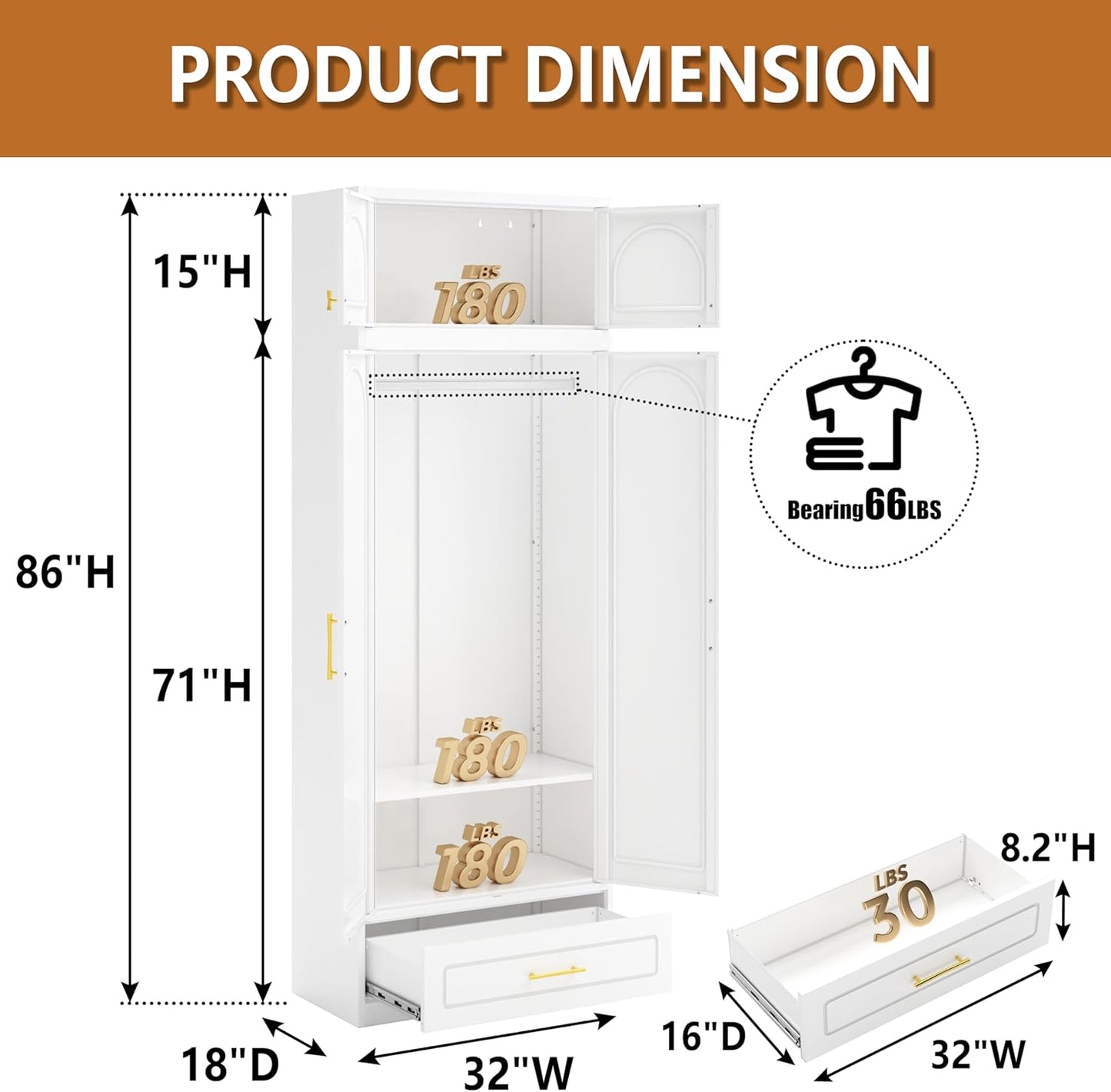 Metal Armoire Wardrobe Closet with Drawer, Freestanding Wardrobe Cabinet with Hanging Rod, Large Clothing Storage Cabinet with Doors for Bedroom, 18" D x 32" W x 86" H, White, Assemble Required