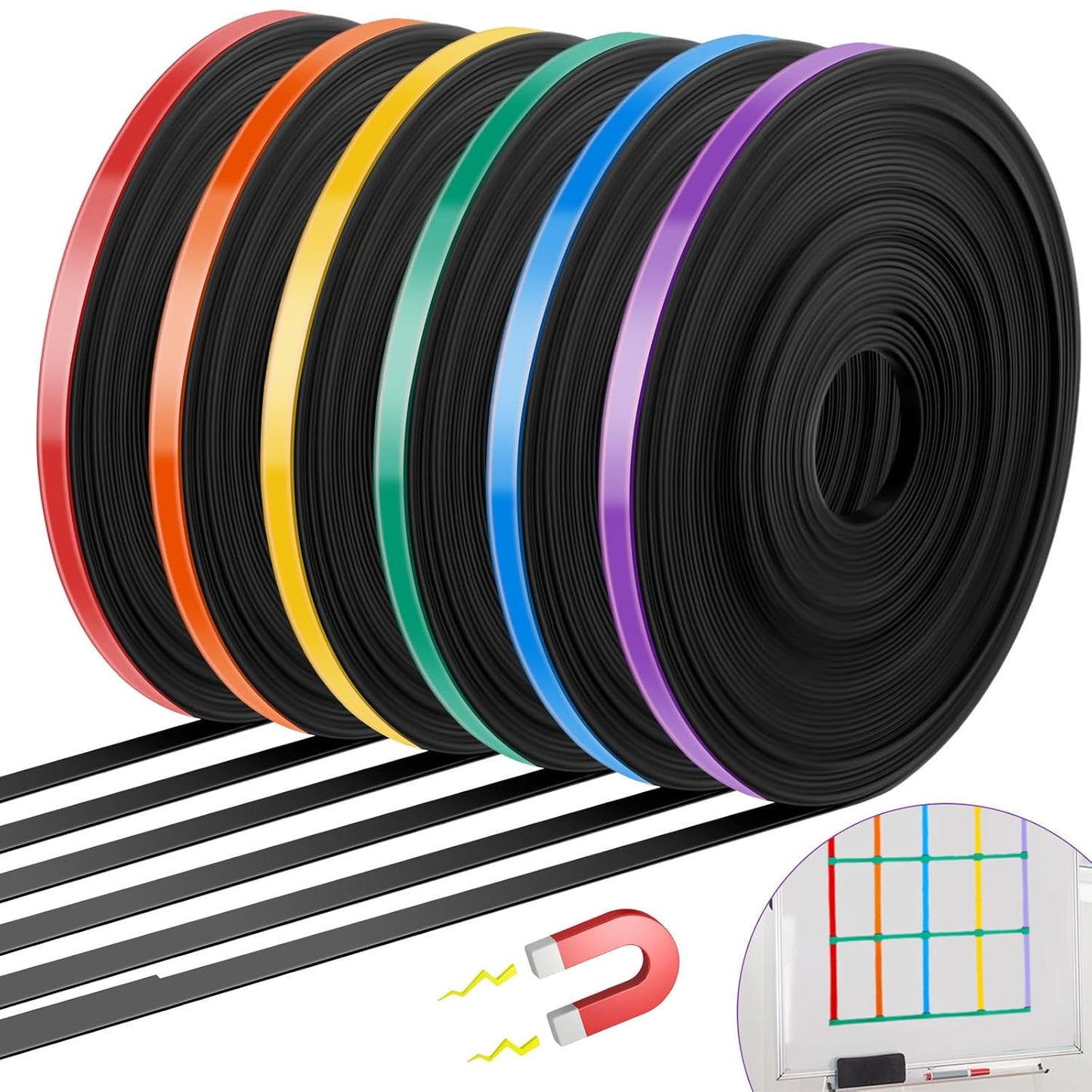 6 Rolls Magnetic Tape Roll Thin Strips, 33 ft Magnetic Whiteboard Graphic Decorative Tape Marking Line Magnet Board Dividers for Classroom Office Art Accessories(Mix Color,0.24 Inch)