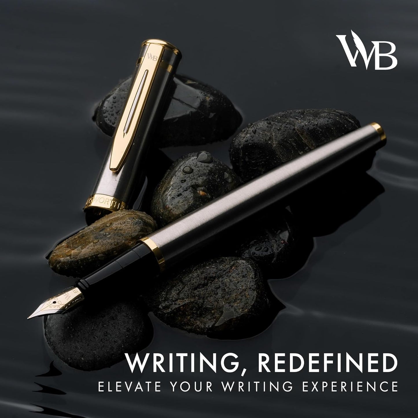 Wordsworth & Black Fountain Pen Set, 18K Gilded Extra Fine Nib, Includes 24 Pack Ink Cartridges, Ink Refill Converter & Gift Pouch, Gold Finish, Calligraphy, [Silver Gold], Perfect for Men & Women