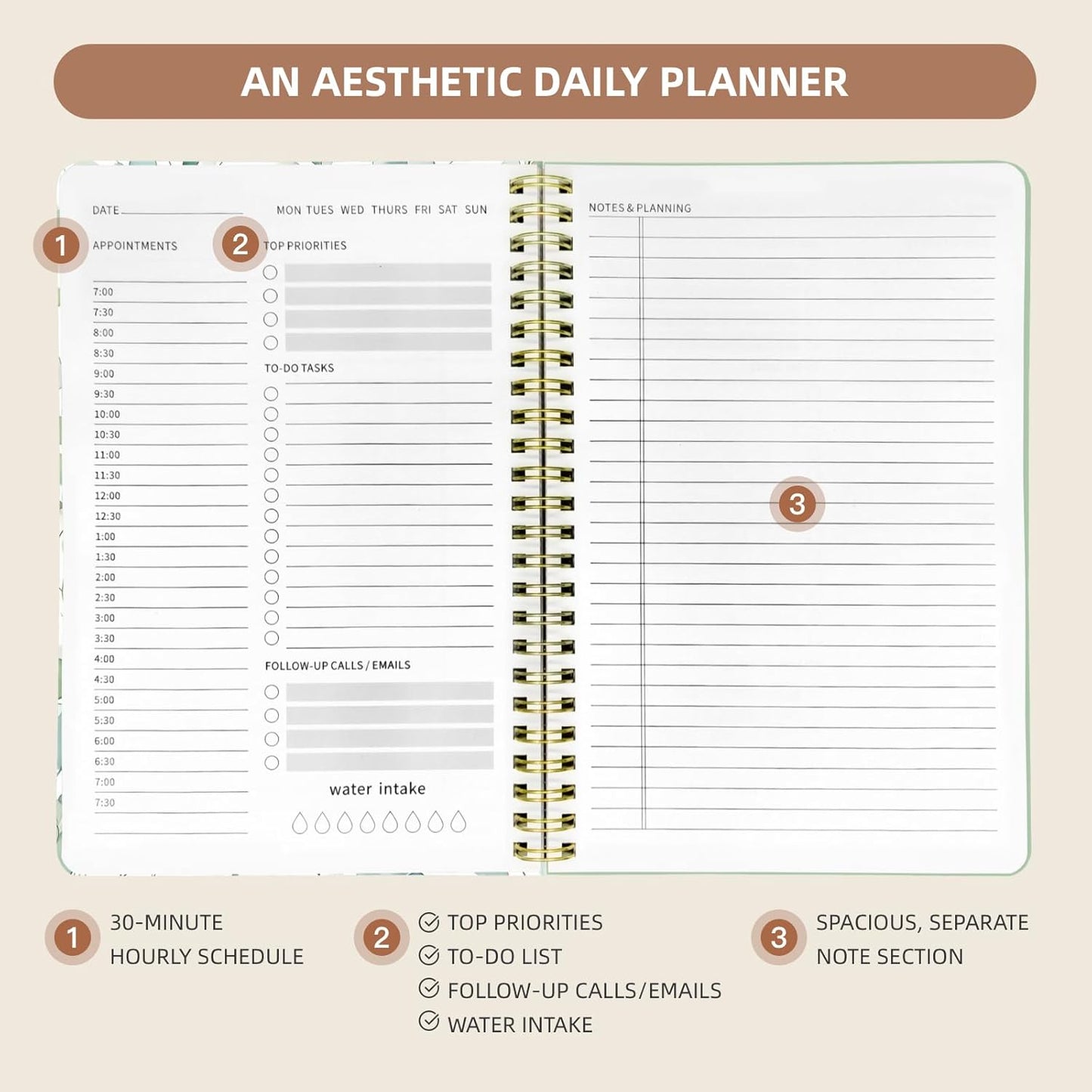 Undated Daily Planner - Spiral Notebook 80 Days One Day Per Page, Hourly Schedule, To-Do List, Notes, Everyday Planning Task, A5 Hardcover Journal Organizer Book Women Cute Aesthetic, Spring