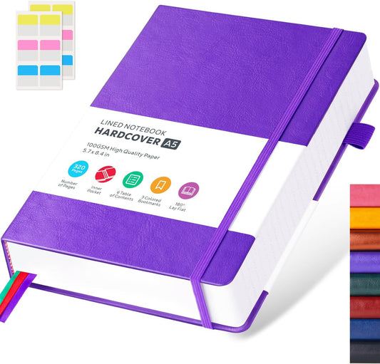 Lined Journal Notebook, 320 Pages Leather Hardcover Thick A5 College Ruled Thick Classic with Pen Loop, for Writing Women Men Office Work, 5.7'' X 8.4'', Pearlescent Purple