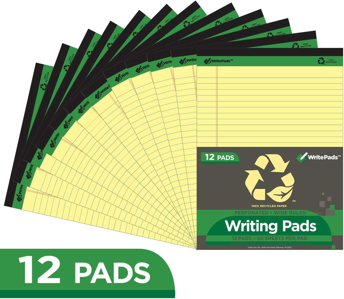 KAISA Yellow Legal Pads Writing Pads Recycled Paper, 8.5"x11.75" Wide Ruled Perforated 50 sheets Hard Back Notepads 8-1/2"x 11-3/4" Writing Tablet Canary For Office Supplies (Pack of 12pc) KSU-5668