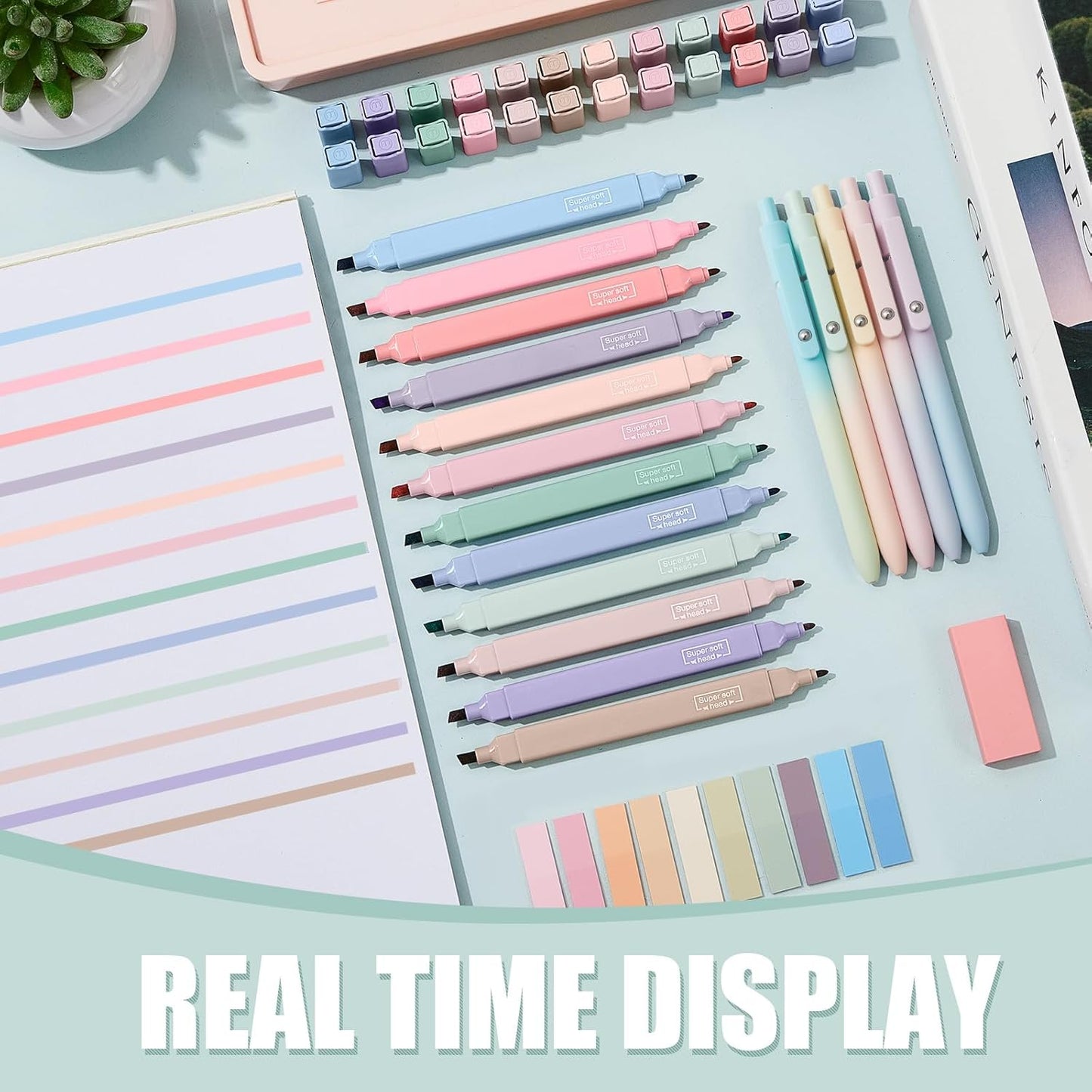 Jutom 38 Pcs Book Annotation Kit Aesthetic Highlighters Gel Pens Set Sticky Notes Tabs Markers Dual Ended Highlighter Quick Dry Ink Pens for Office Annotating Books(Delicate Color,Square)