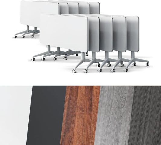 Conference Room Table, Folding Conference Tables,Thicken Grey Tabletop,Flip Top Wooden Seminar Meeting Room Table for Conference Room Offices (10, White, 55.1”)