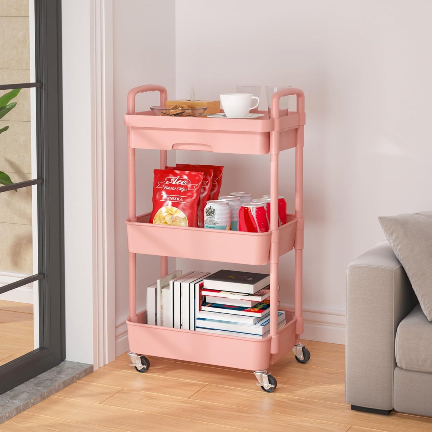 Calmootey 3-Tier Rolling Utility Cart with Drawer,Multifunctional Storage Organizer with Plastic Shelf & Metal Wheel,Storage Cart for Kitchen,Bathroom,Living Room,Office,Pink