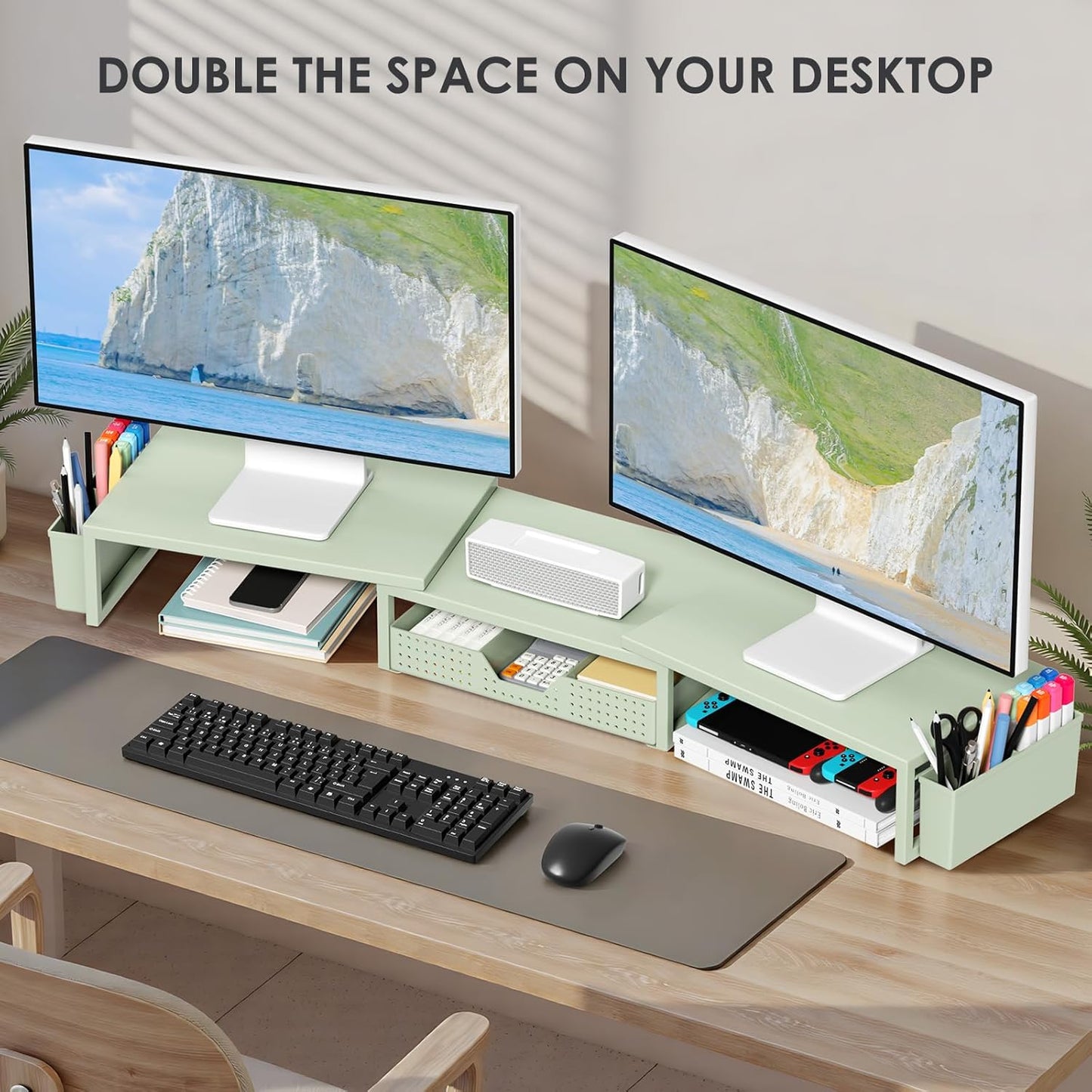 Desk Organizers and Accessories, Dual Monitor Stand Riser with Drawer and 2 Pen Holders, Desk Shelf Metal Computer Monitor Stand for Office Workspace Organizers, Desktop Organization (Green)