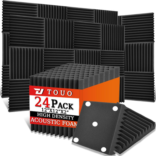 24 Pack Acoustic Panels – Sound Proof Foam Panels for Wall 12"x12"x2", Flame Retardant Wedge Acoustic Foam, High-Density Sound Absorbing Panels for Home Studio(Black, 2" Thick 24 Pack)