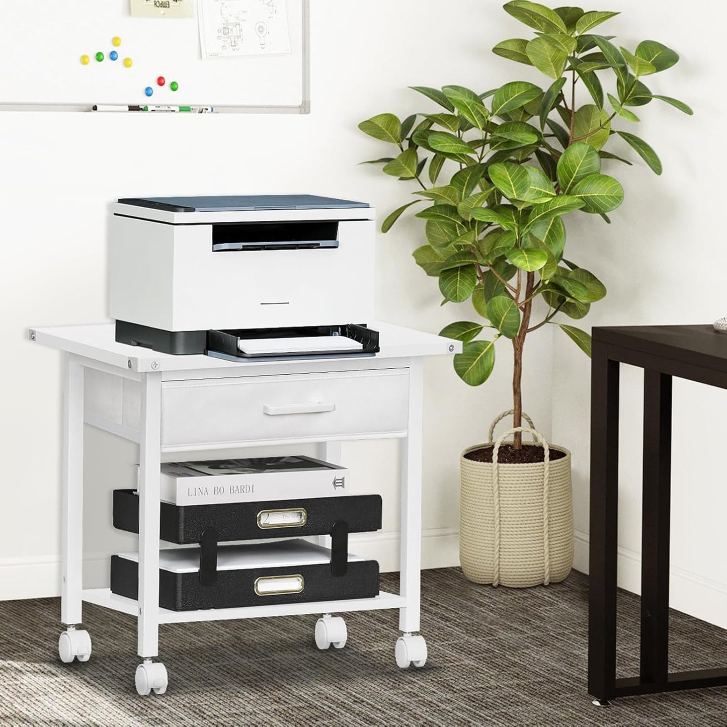 Lerliuo Under Desk Rolling Printer Stand with Drawer, 2-Tier Industrial Mobile Printer Table Desk with Storage Shelf and Steel Frame, Printer Cart Holder with Lockable Wheels for Home, Office (White)
