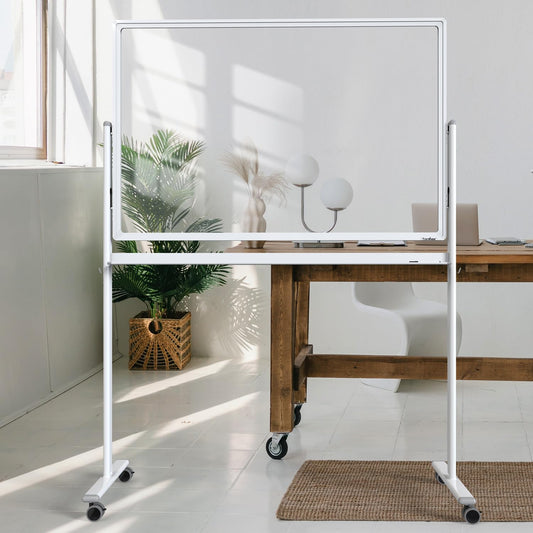 Mobile Clear Glass Whiteboard, 48 x 32 Inches Standing White Board on Wheels, Large Rolling Dry Erase Board with Stand, Transparent Tempered Glass Board for Office Home School, with Chart Paper