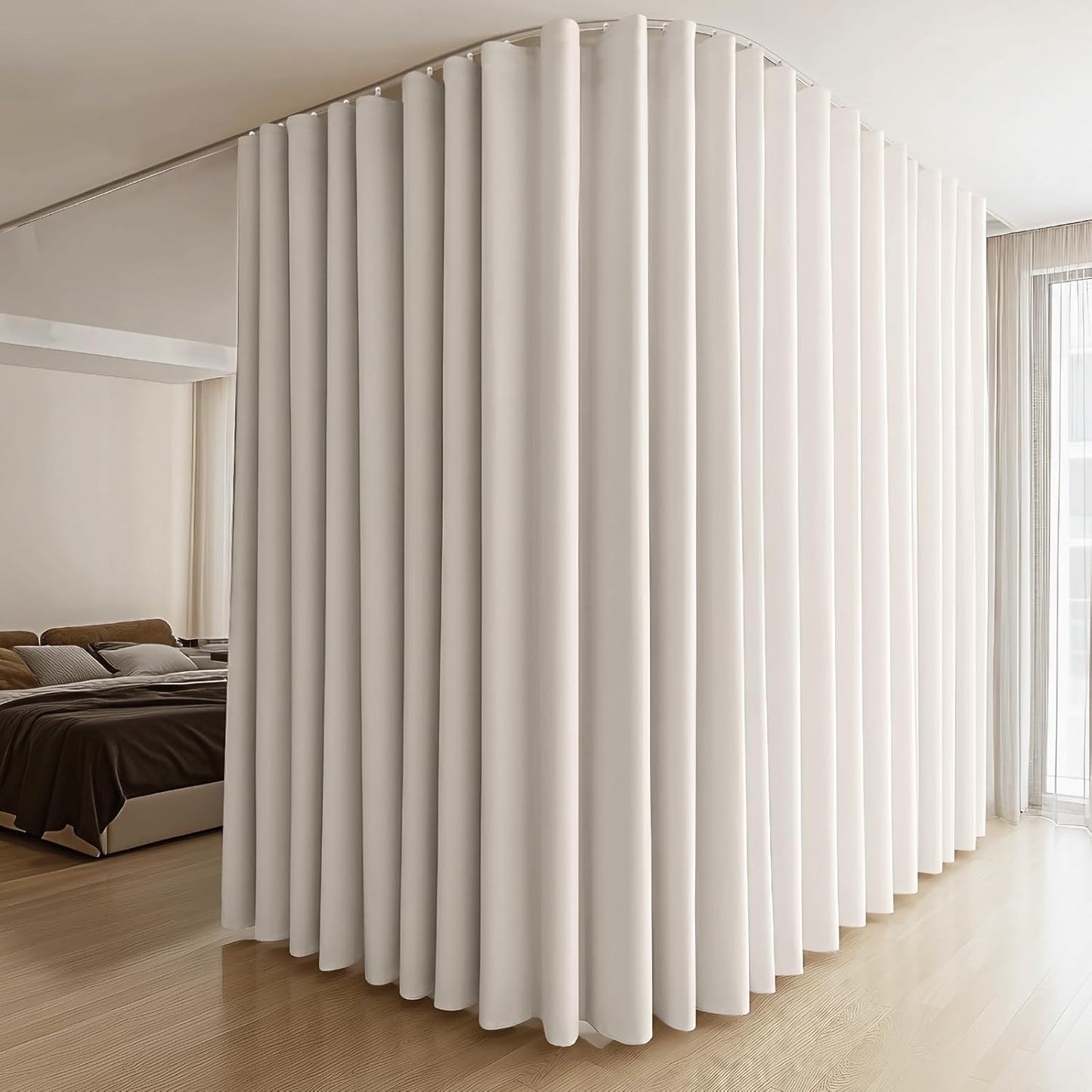 Room Divider Curtains & Flexible Bendable Tracks Set,Privacy Dividers Ceiling Track Curtain Window Blackout Curtains for Living Room Bedroom (W100 × H96 in 1 Panel Beige Drape & White Rail)