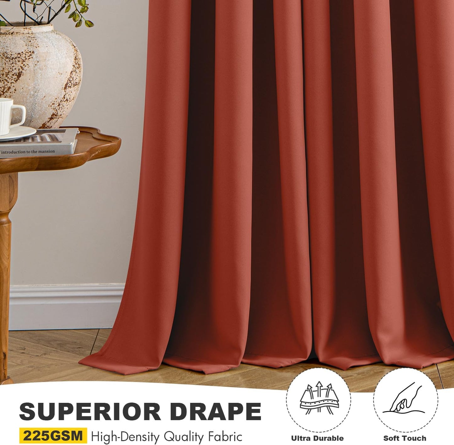 MIULEE Burnt Orange Blackout Curtains for Bedroom Living Room 63 Inches Long 2 Panels, Thermal Insulated Room Darkening Drapes Solid Grommet Top Noise Reduction Terracotta Rust Fall Window Treatments
