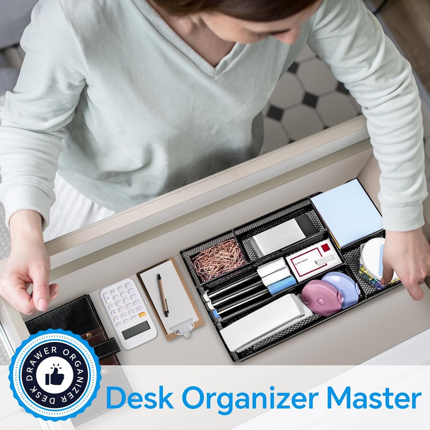 Desk Drawer Organizer, Office Drawer Divider Organizer Tray with 6 Compartments, Metal Mesh Desktop Organization and Accessories for Stationery Makeup Kitchen Toolroom School ＆ Office, 11x6.1x1.38 in