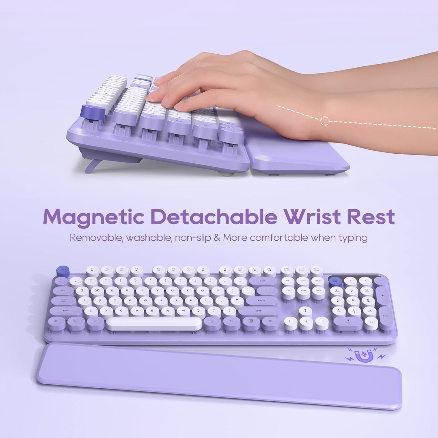 Wireless Keyboard and Mouse Combo, Cute Round Keycaps, Full-Size Retro Typewriter Keyboard with Detachable Wrist Rest, 2.4GHz Cordless Connection for Mac/Windows/PC/Laptop (Purple-Colorful)