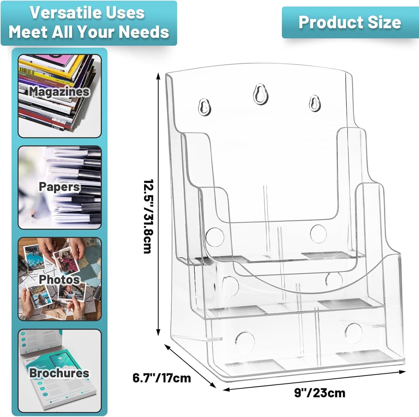 2Pack Acrylic Brochure Holder 8.5 x 11 inches, 3 Tier Clear Plastic Flyer Holder Display Stand, Wall Mount/Countertop Literature Organizer for Documents, Pamphlets, Booklets, and Menu