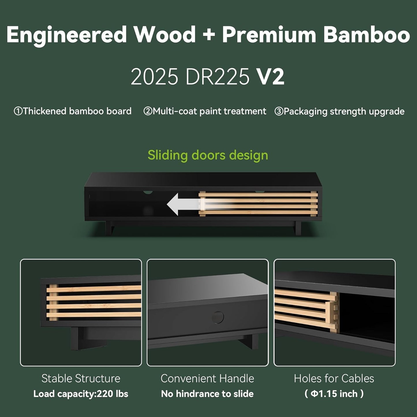 Monitor Stand Riser with Sliding Door, Computer Laptop Stand Desk Shelf Organizer with Storage (Black + Natural Bamboo, 25 Inch)