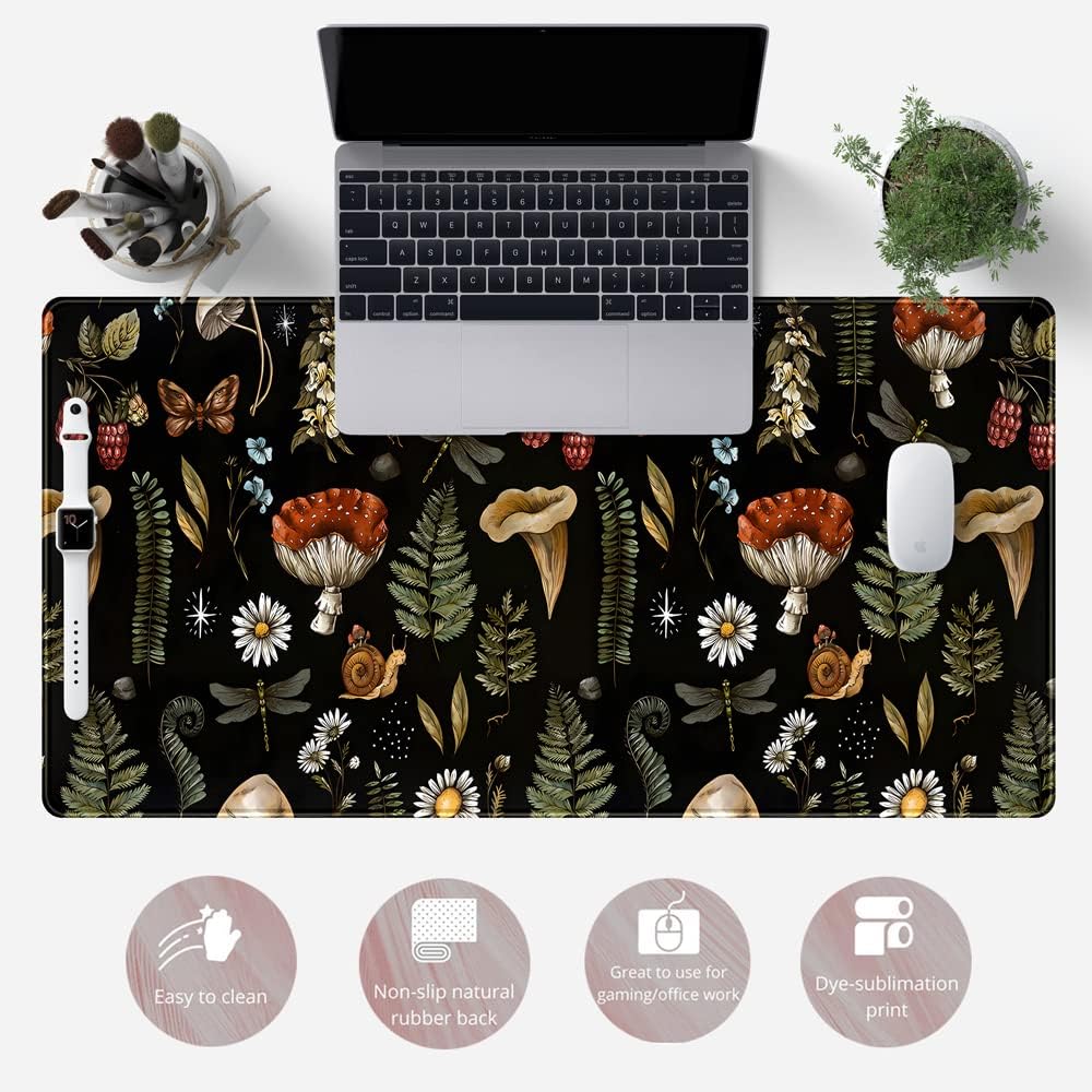 Black Mouse Pad Cottage Core Aesthetic Mouse Pads Mushroom Desk Pad Vintage Mouse Pad Forest Magic Nature Large Desk Pad Ergonomic Mouse Pads with Stitched Edges Non-Slip Computer Mat 31.5x15.7 in