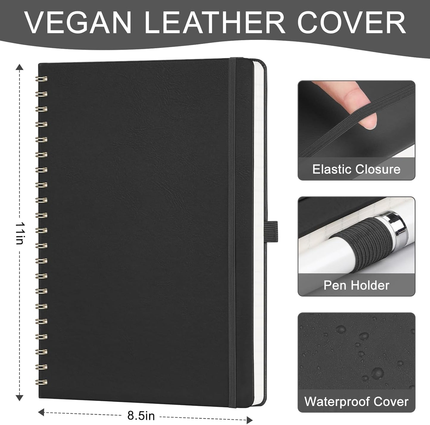 AHGXG Lined Spiral Notebook 8.5" x 11", A4 Large Notebooks for Women Men, Hardcover Leather Notebook College Ruled, 100 GSM Thick Paper, Notebooks for Work School Note Taking Writing, Black