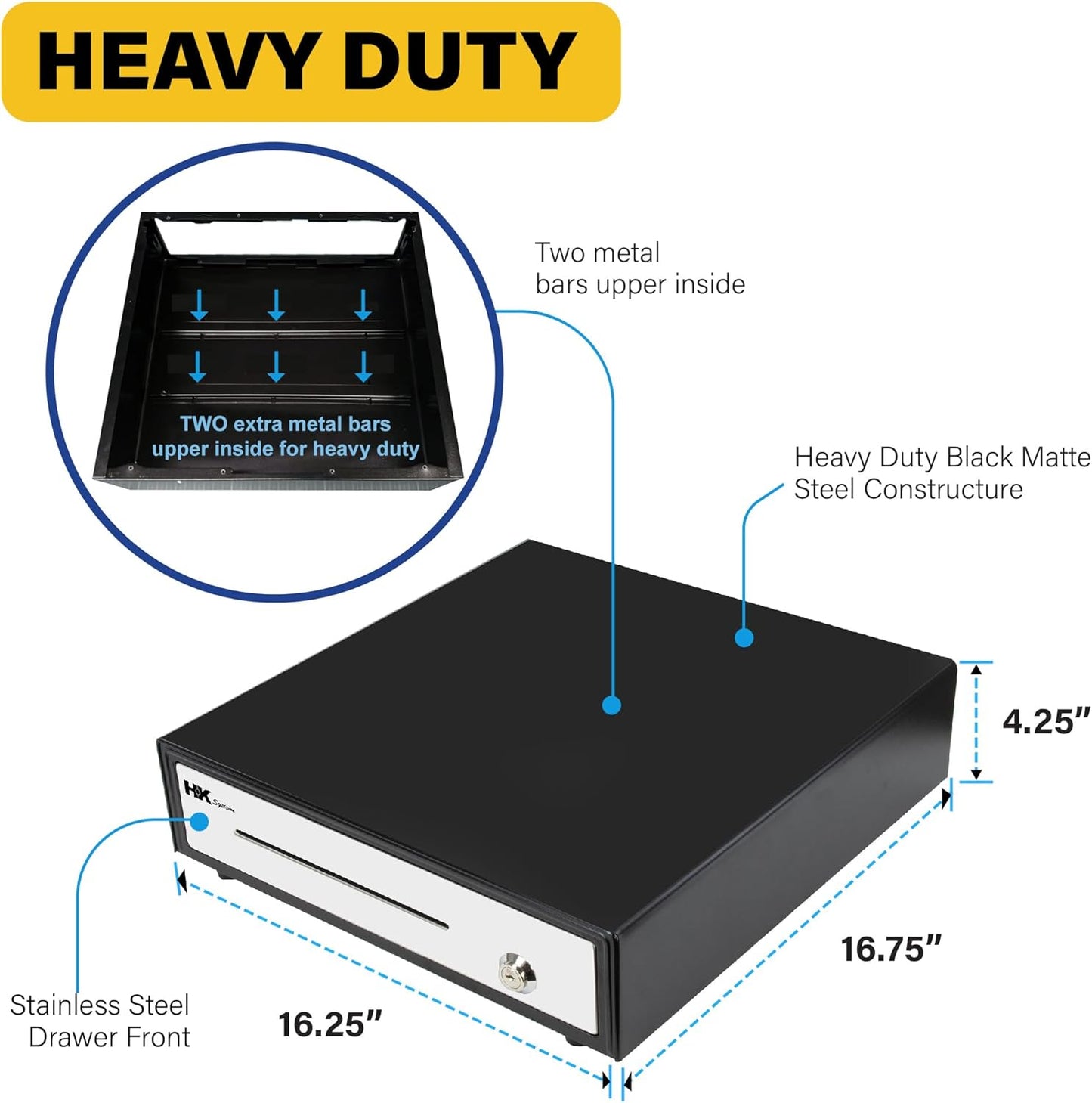 HK SYSTEMS 16""Stainless Steel" Front Heavy Duty Black POS Cash Drawer with 5Bill/5Coin and Till Cover