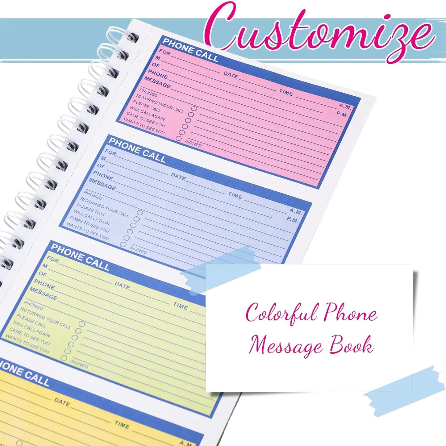 Sinmoe 1 Pcs Spiral Bound Phone Message Book with Carbon Copy 5-1/2" x 11" 2 Part Colorful Carbonless Telephone Message Pads Duplicate Spiral Phone Call Log Book for Business Office (Rose Red,Blue)