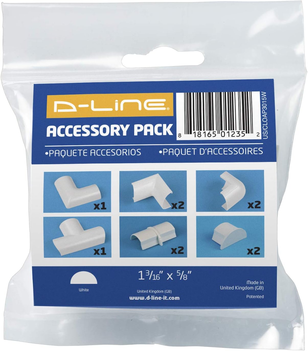 D-Line Medium Cable Raceway Accessory Pack, Join 1.18in x 0.59in Cord Cover Lengths, 10 Accessories Included, Hide Cords Around a Variety of Angles - White