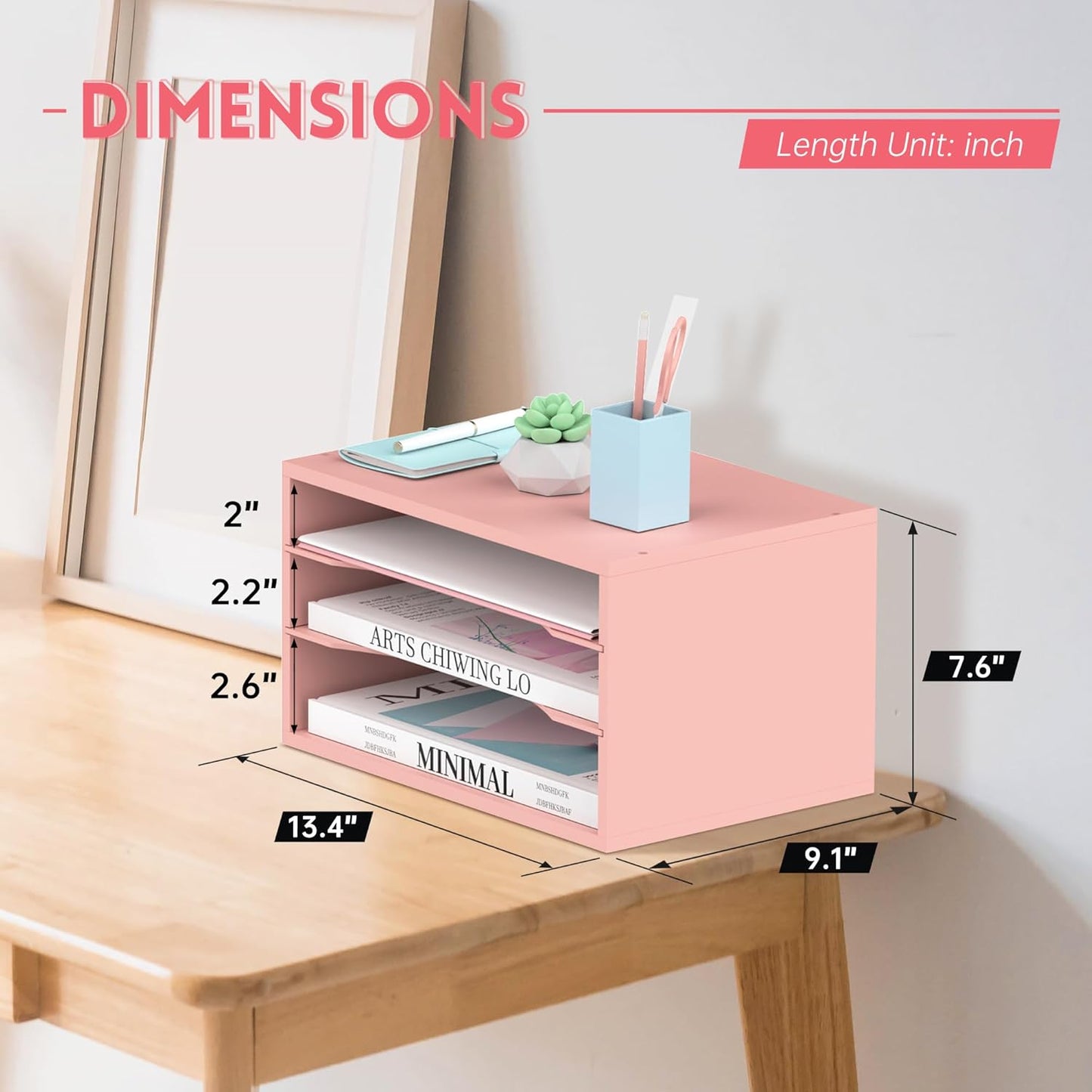 SUPEASY Wood Desk Organizer, 3 Tier Paper File Organizer for Desk, Wooden Desktop Organizer, Paper Letter Literature Mail Sorter, for Office School & Home Organization, Pink