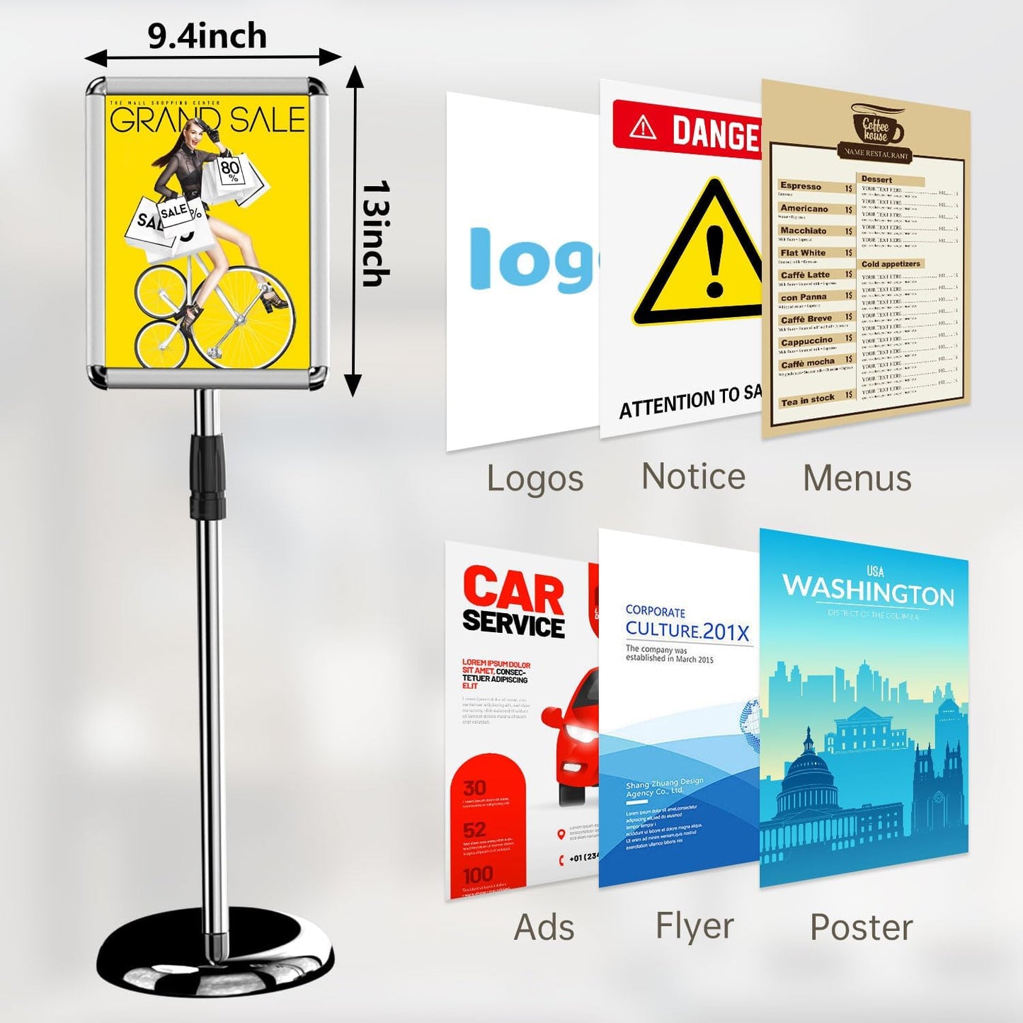 Sign Holder Poster Stand - 8.5 x 11 Inch Vertical & Horizontal Sign Stand Displayed Poster Holder - Round Corner sign holder for Display, Advertisement & Outdoor sign holder, Silver (1 Pack)