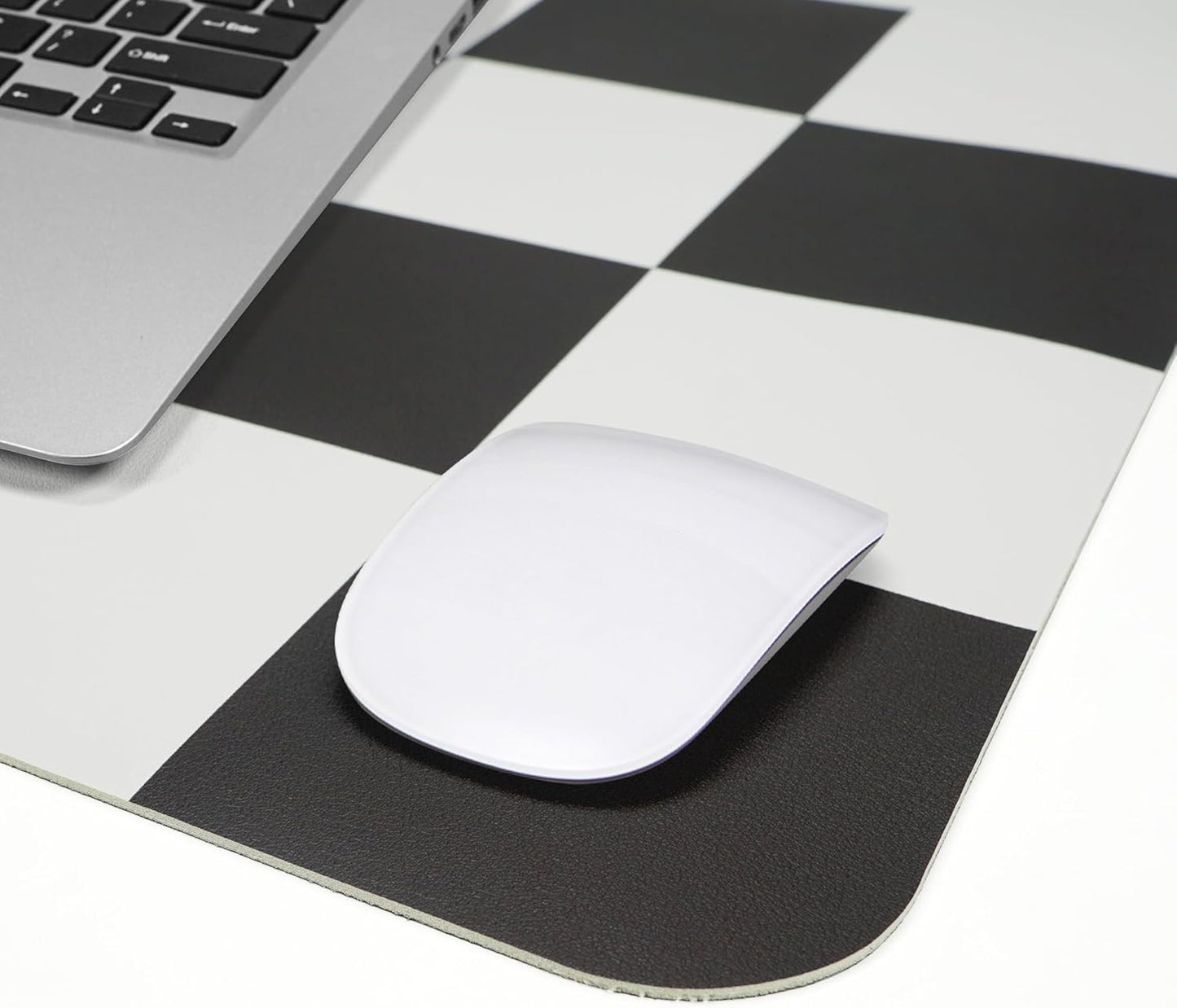 Non-Slip Checkered Desk Mat, Waterproof PU Leather Protector, Large Blotter, Easy Clean Laptop Writing Mat for Work/Home/Decor (31.5"x12", White Black)