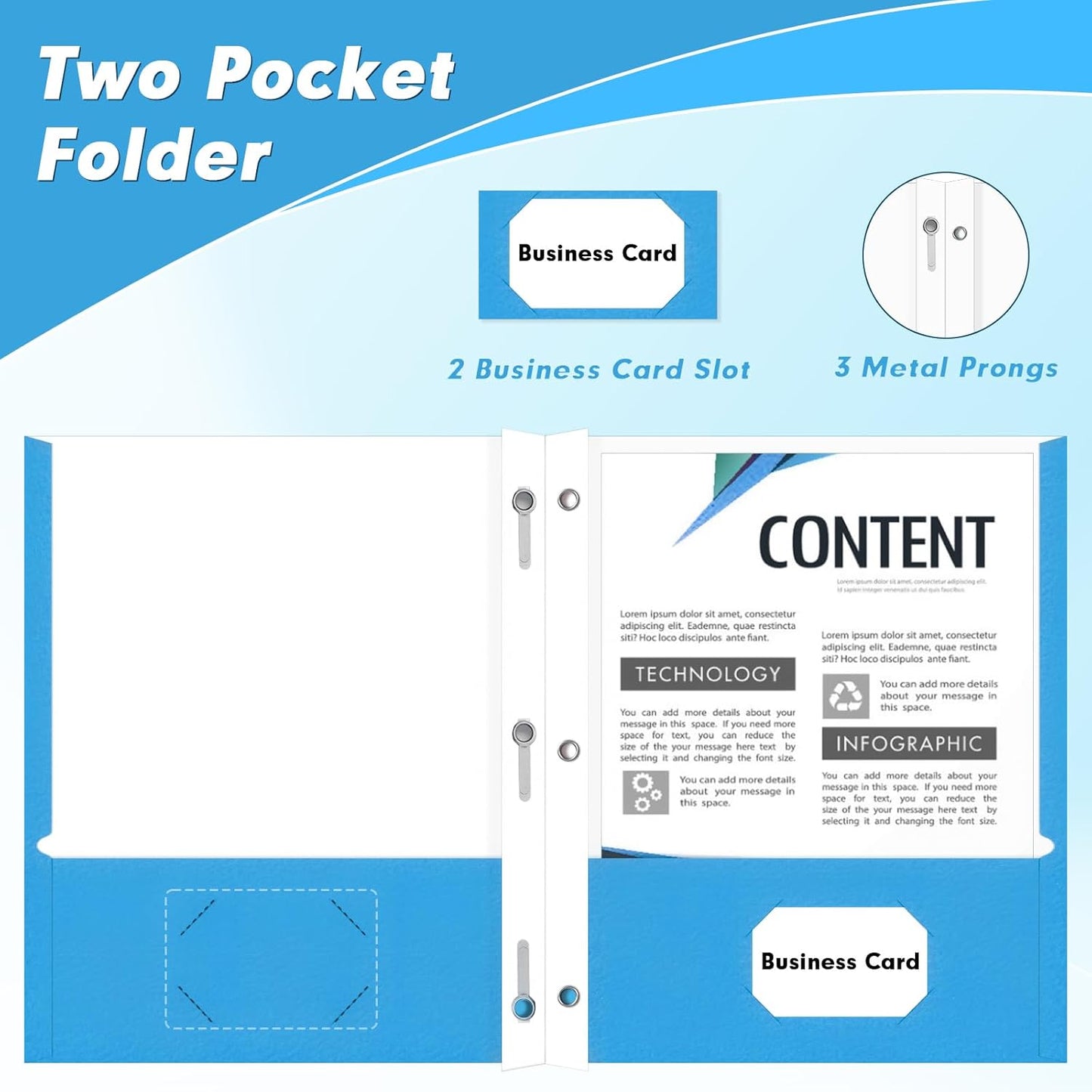 Two Pocket Folders, PANDRI 60 Pack Two Pocket Folders with Prongs, 3 Prong Folders Designed for Office and Classroom, Letter Size Lightblue