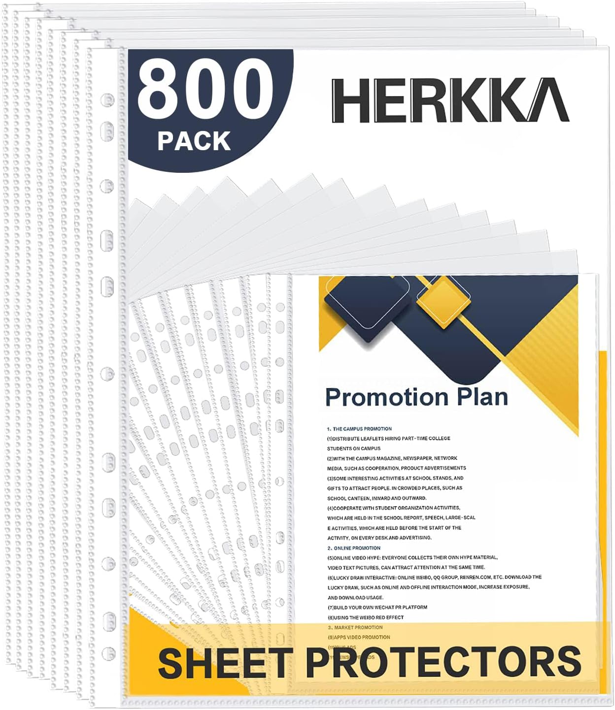 Sheet Protectors, HERKKA 800 Pack Heavy Duty Clear Plastic Page Protectors Sheet Reinforced 11-Hole Fit for 3 Ring Binder Fits Standard 8.5 x 11 Paper, 9.25 x 11.25 Top Loaded, Acid Free
